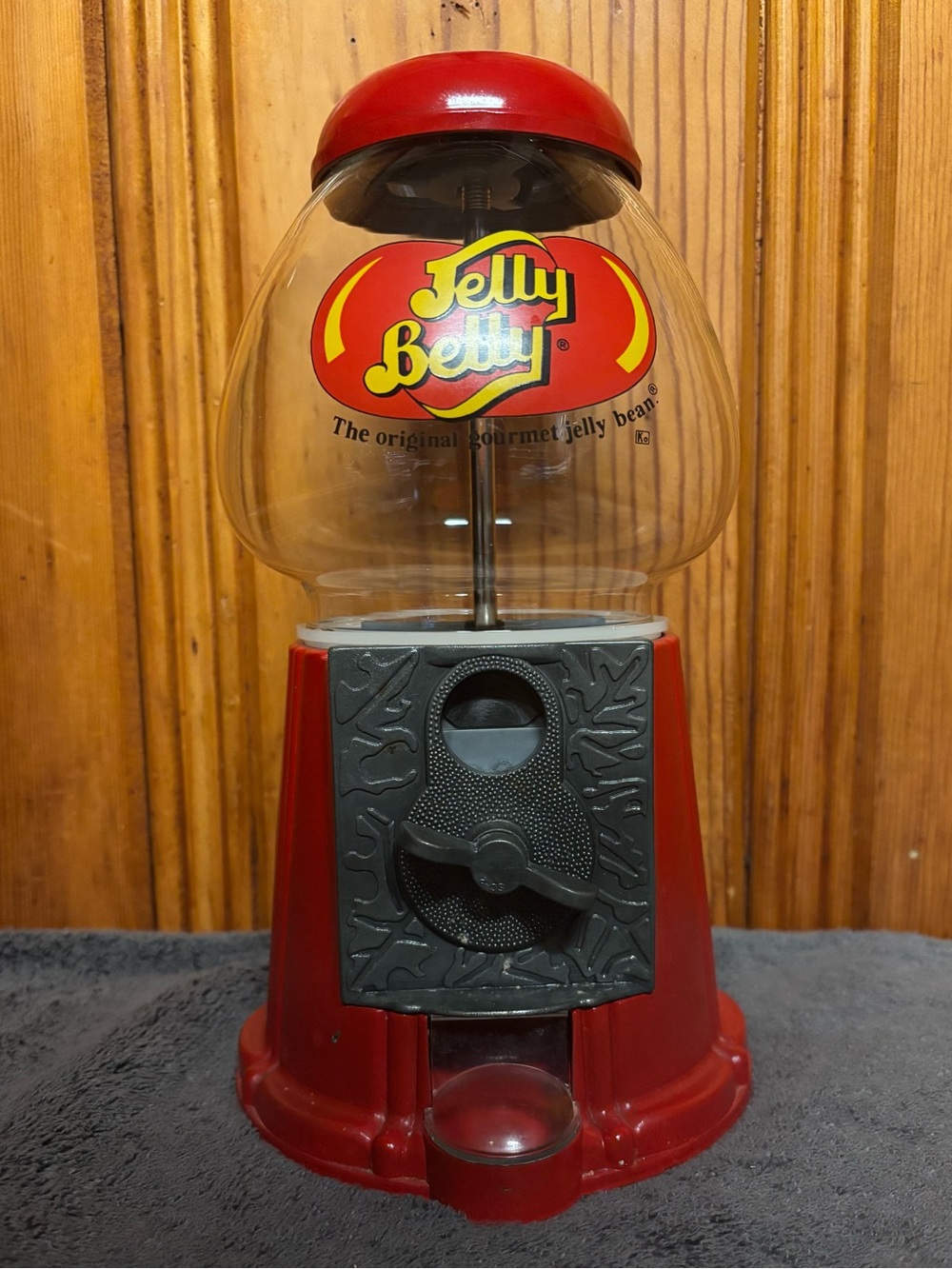 Vintage Jelly Belly 9” Red Die-Cast Metal Coin Bank Blown Glass Top